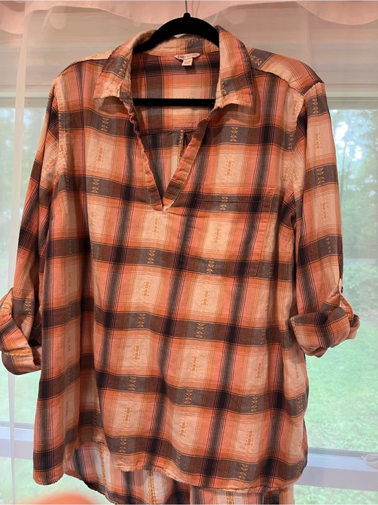 Cato Tops - Cato Peach and Gray Plaid Button-Down Tunic